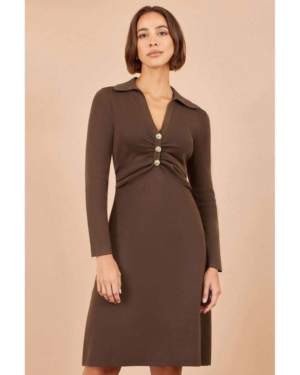 Yumi' Brown Knitted Ruched Collar Dress