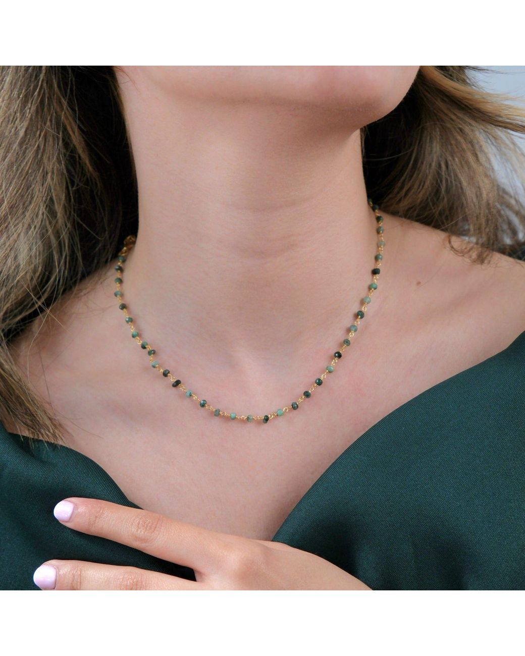 Sophelia Metallic Raw Emerald Beaded Delicate Plated Necklace