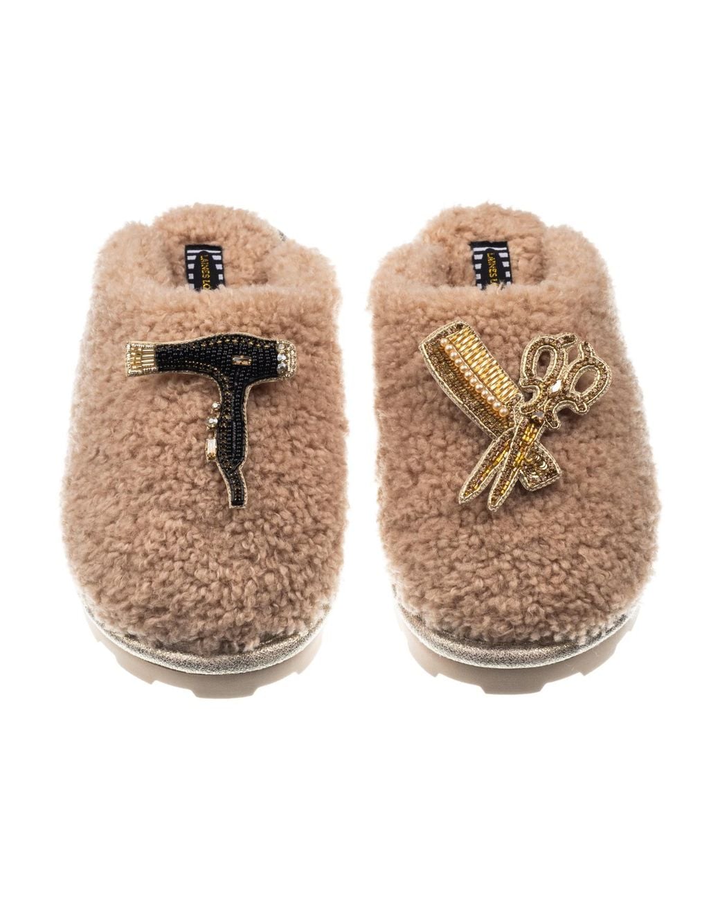 Laines London Natural Neutrals Teddy Closed Toe Slippers With Hairdresser Brooches