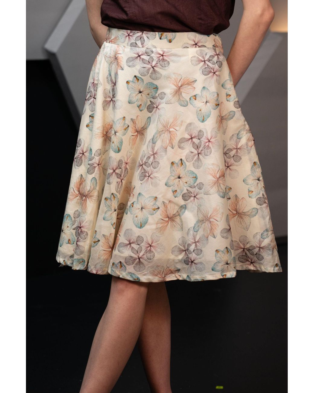 Stovaria Natural Cotton Silk Floral Knee Length A Line Skirt