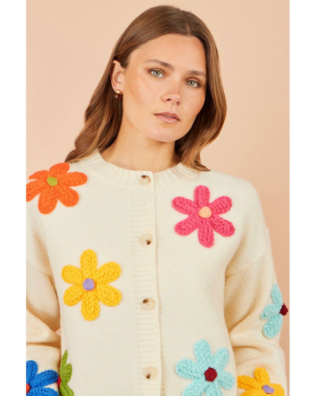 Yumi' Pink Ivory Knitted Flower Applique Cardigan