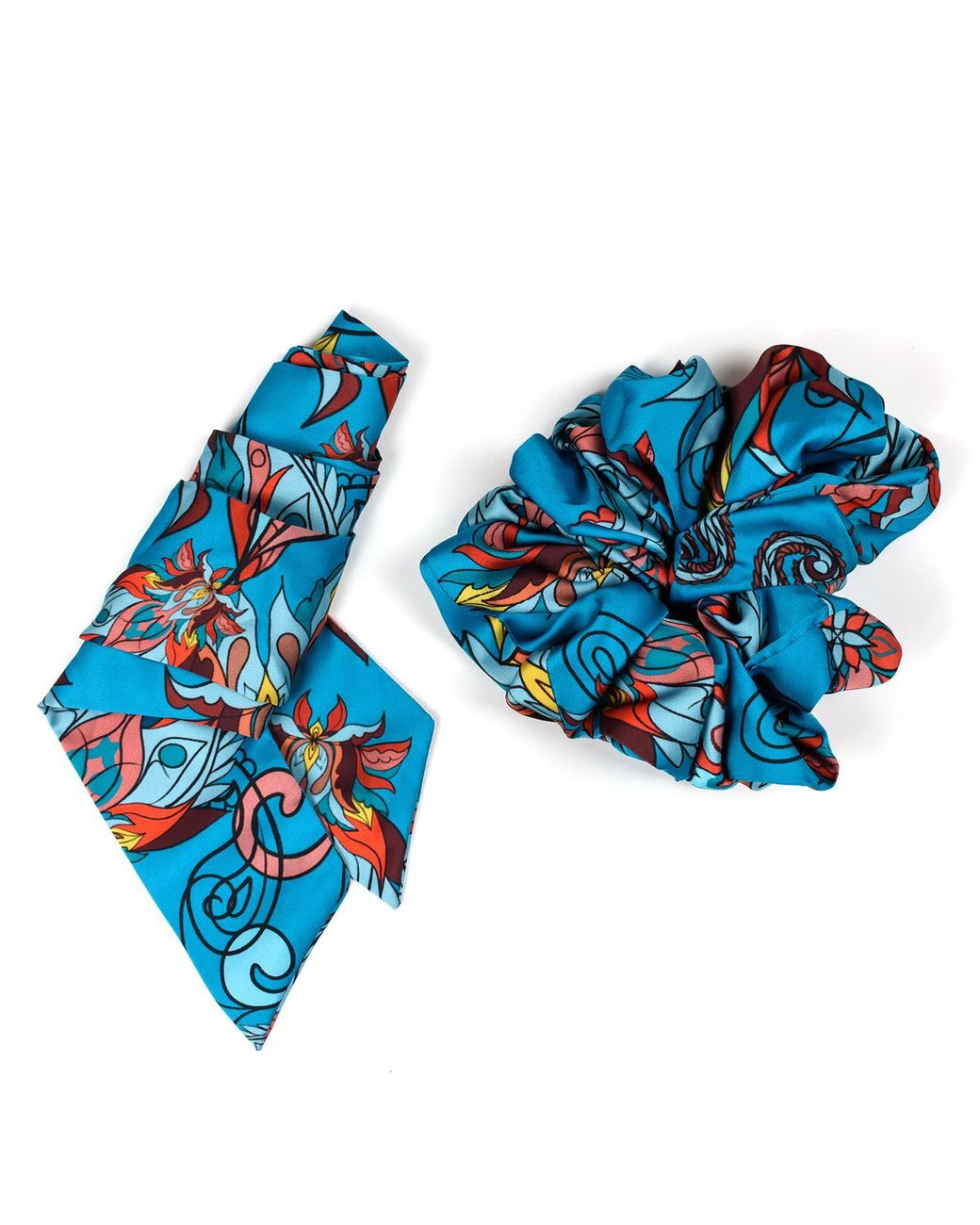 Janara Jones Blue Floral Paisley Satin Twilly & Scrunchie Set