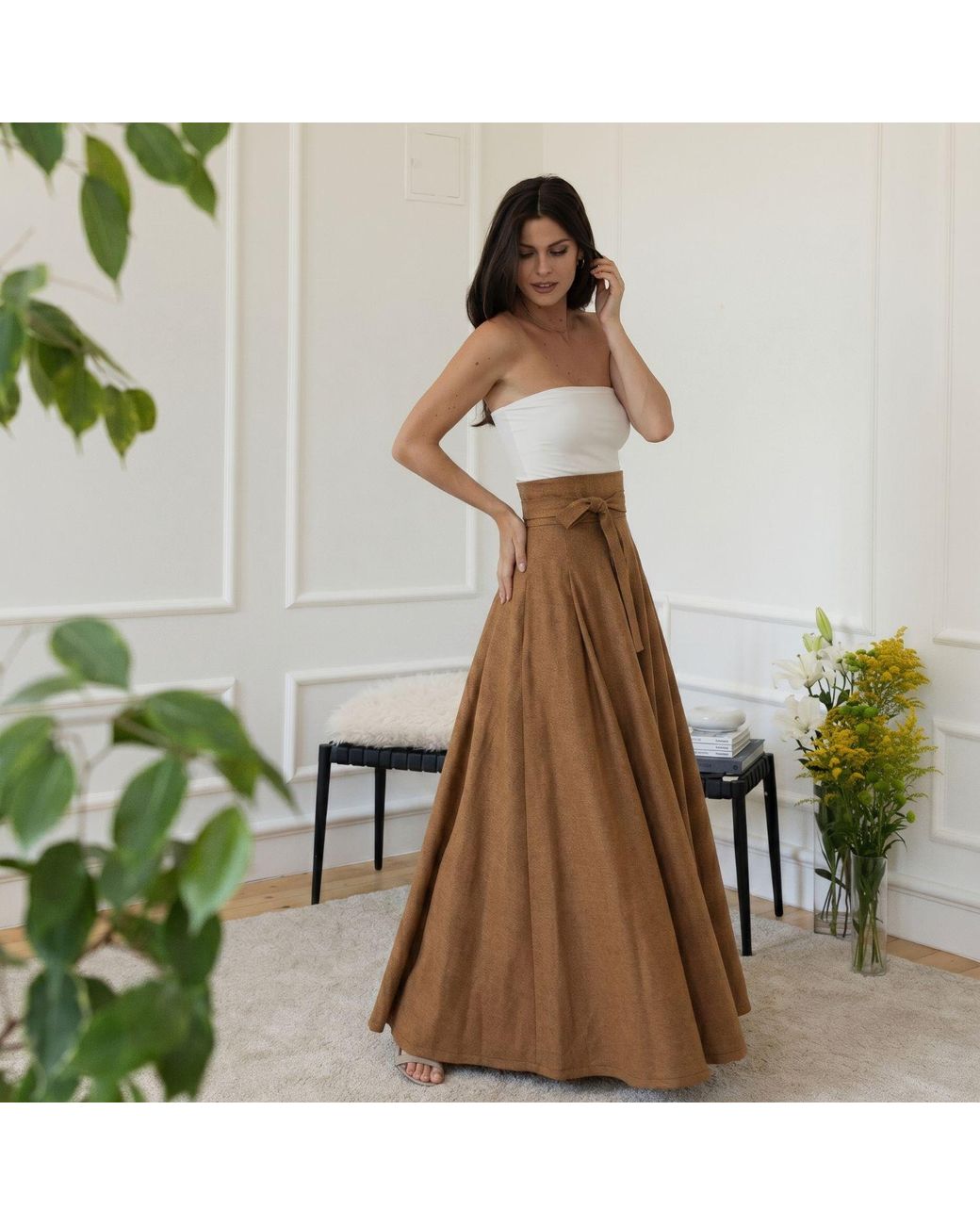 Nikka Place Brown High Waisted Cotton Maxi Skirt With Tie Belt