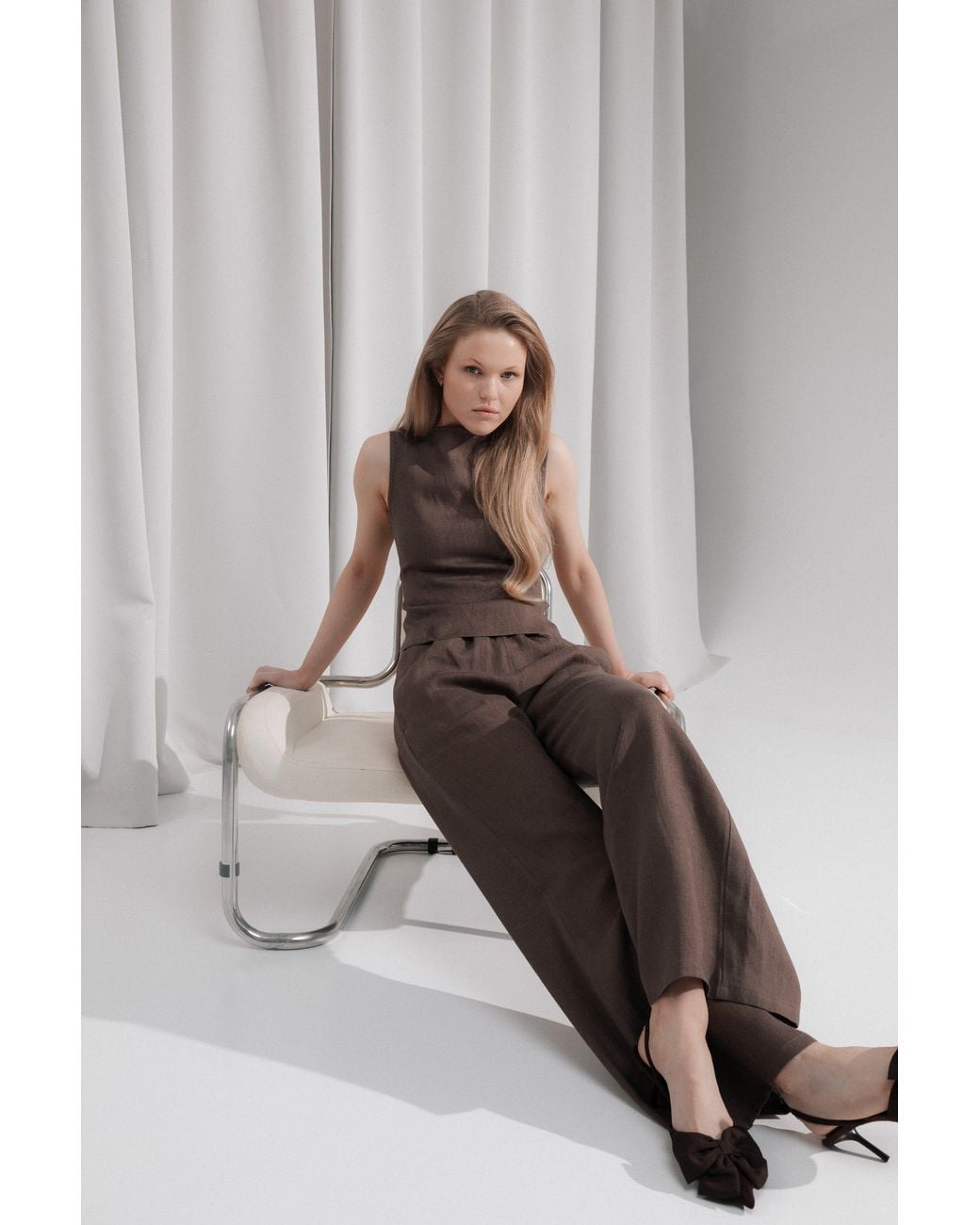 Idyllo White Linen Wide Trousers Pants With Pockets
