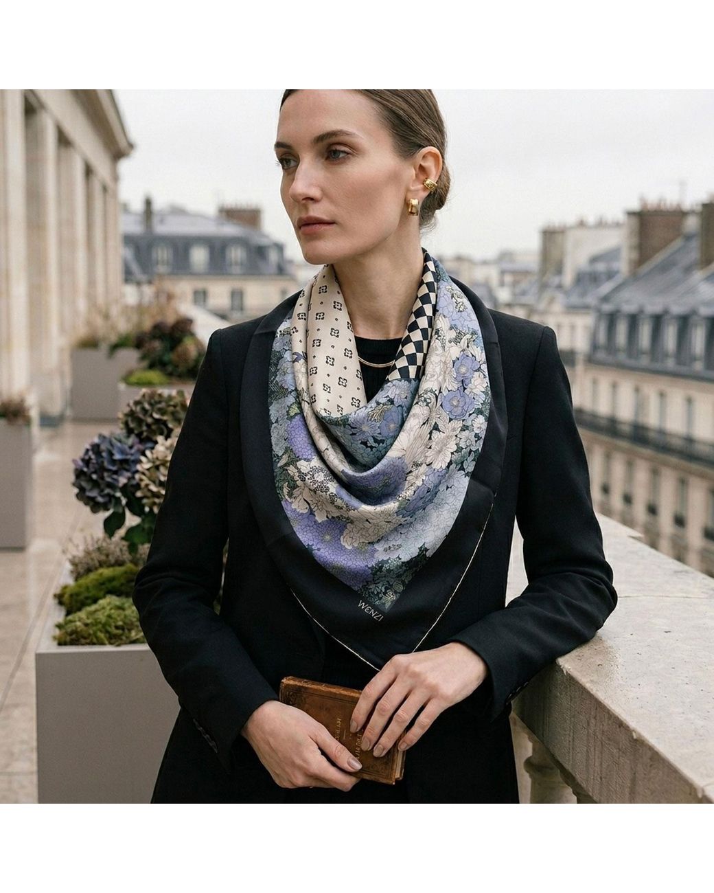 Wenzi Gray Patchwork Of Dreams Hand Painted Pattern Double Sided Silk Twill Scarf