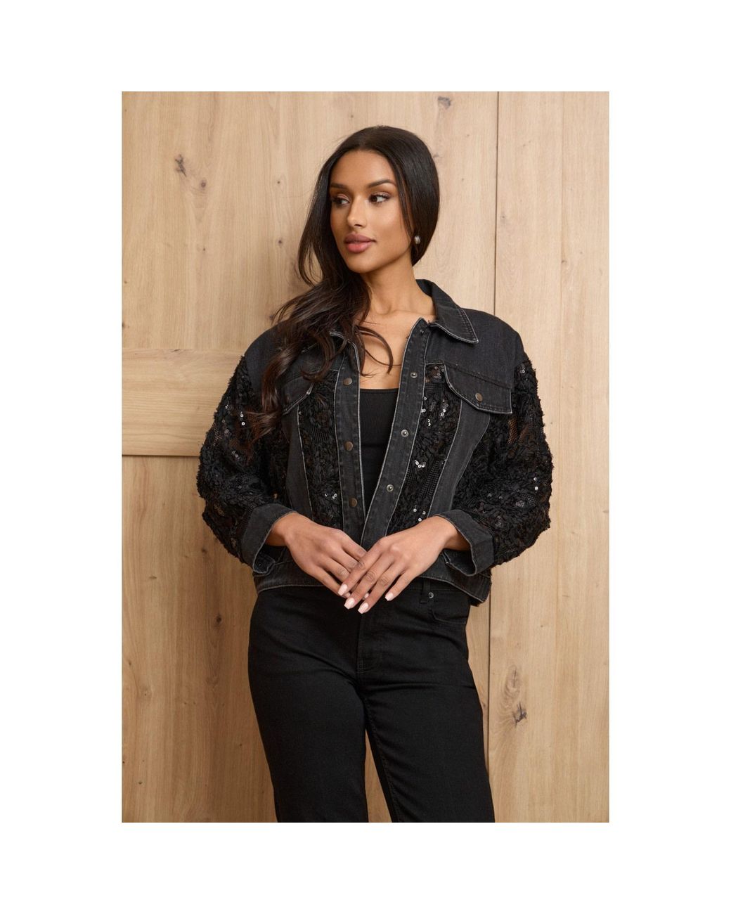 Saachi Black Denim Sequin Soft Lace Jacket