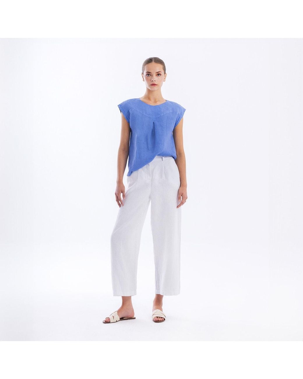 Haris Cotton Blue Linen Short Sleeve Blouse With Front Pleat Regatta