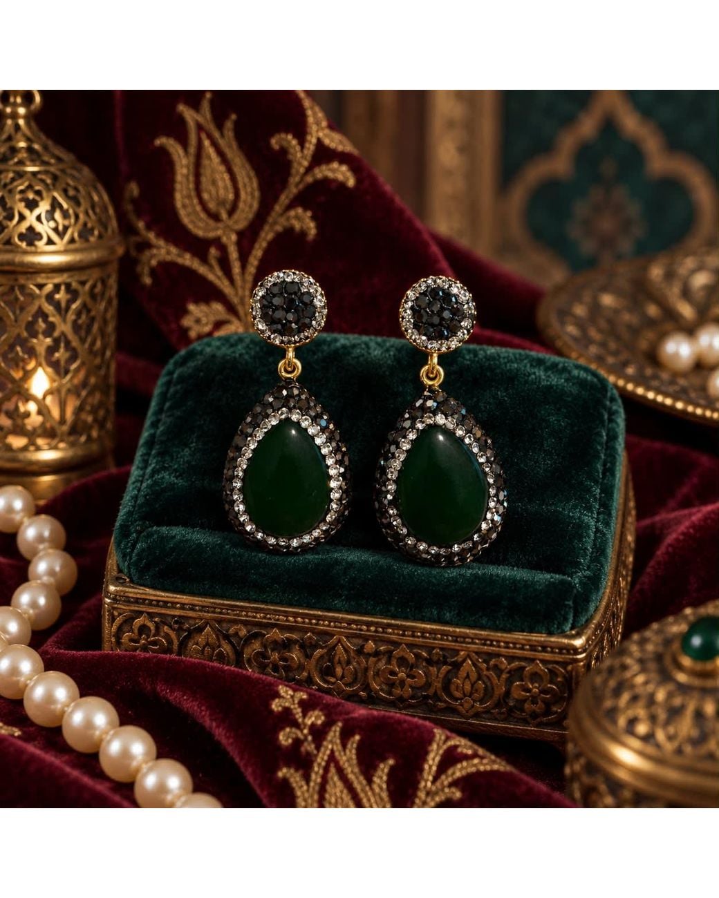 By Ozge Green Hürrem Palace Emerald-Effect Hand Embellished Ottoman-Inspired Drop Earrings