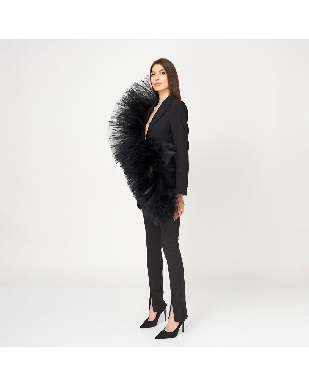 LIA ARAM Black Tulle-Adorned Blazer