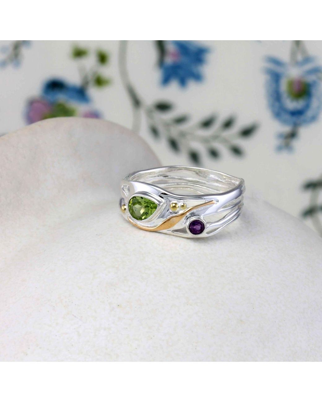 Isla Silver White Sterling Peridot & Amethyst Ring