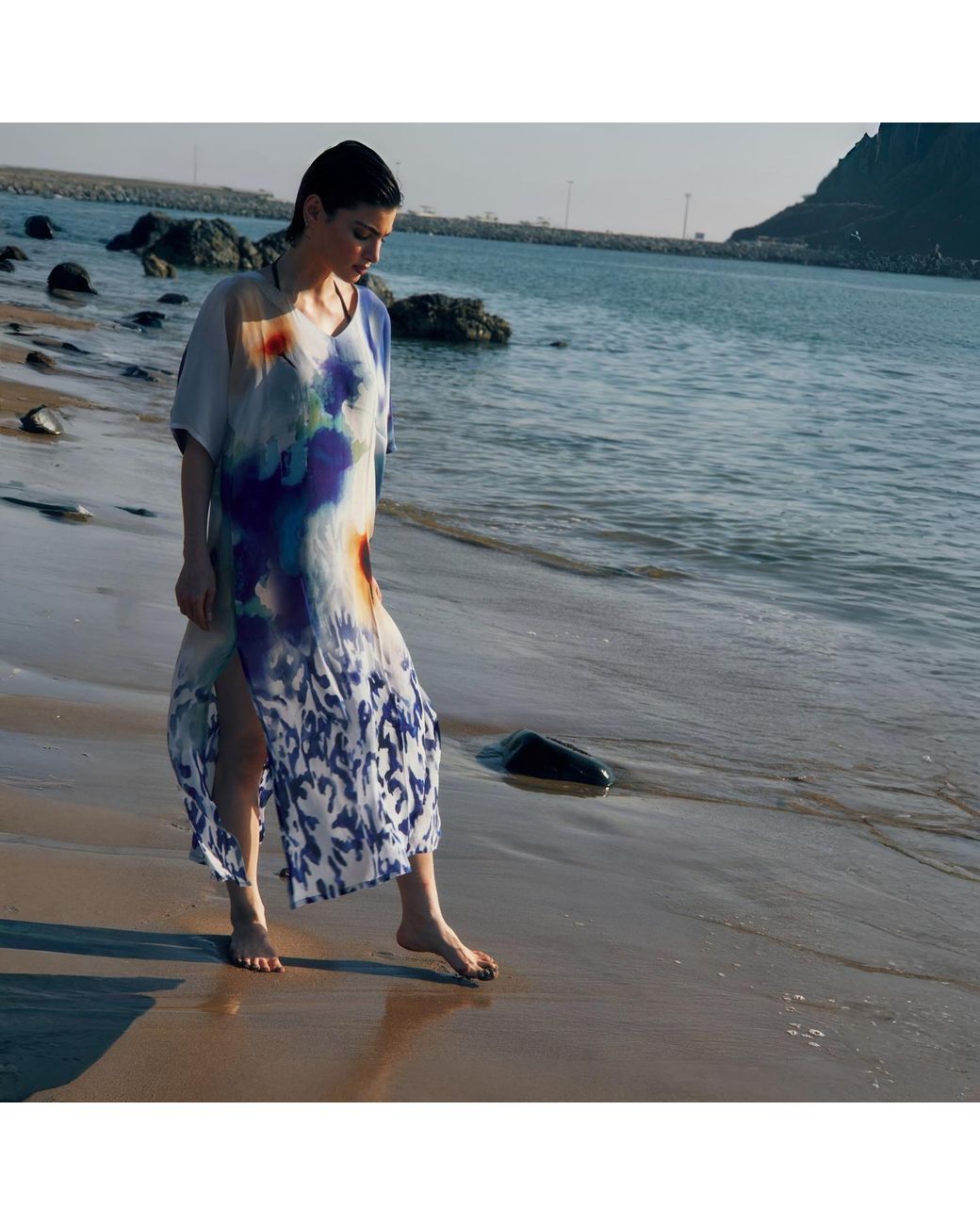 DHARA SHETH DUBAI Blue Ciel & Sand Long Kaftan Dress With Side Slits