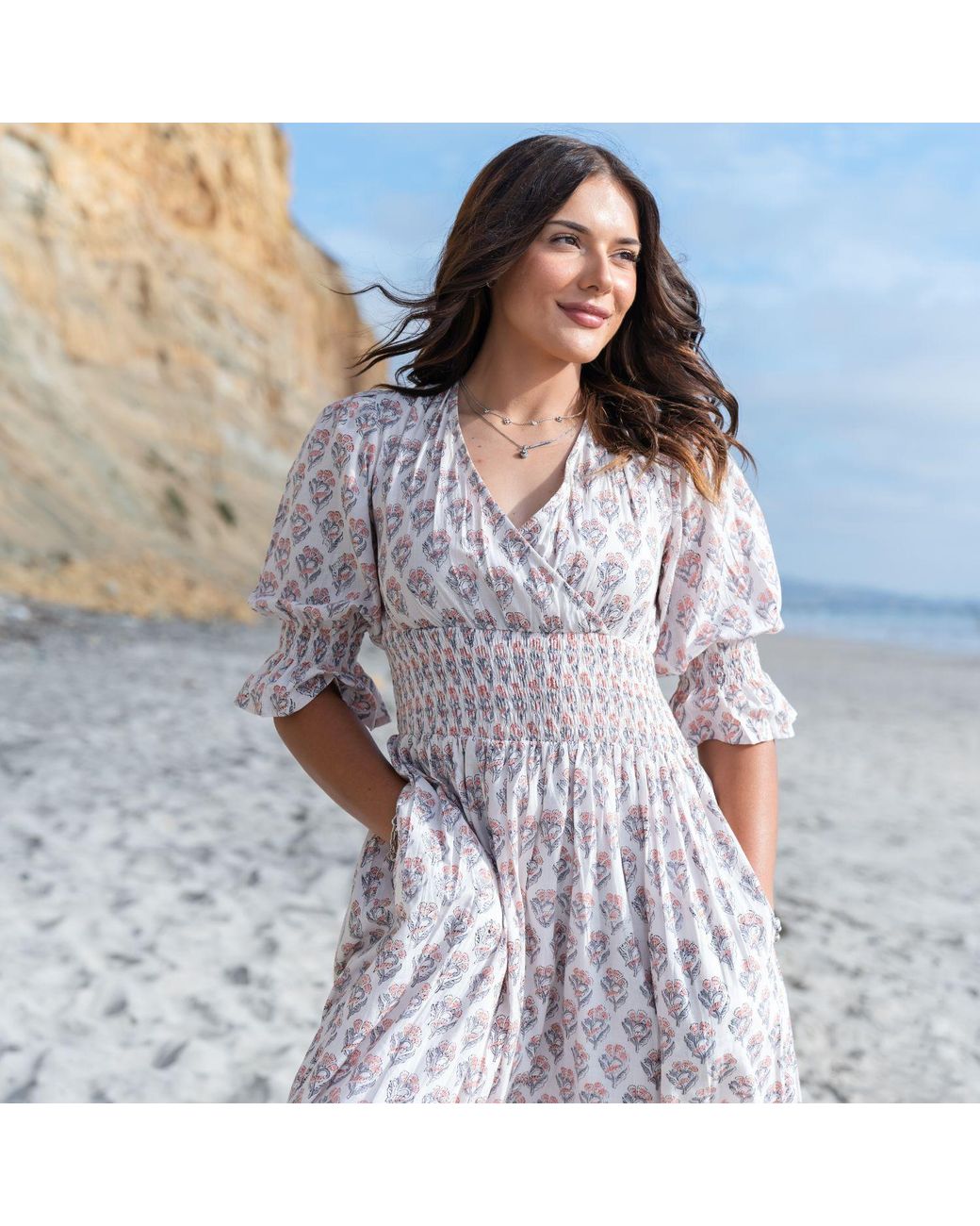 House of Gl Pink Neutrals Lilienne Hand-Block Printed Smocked Midi Dress