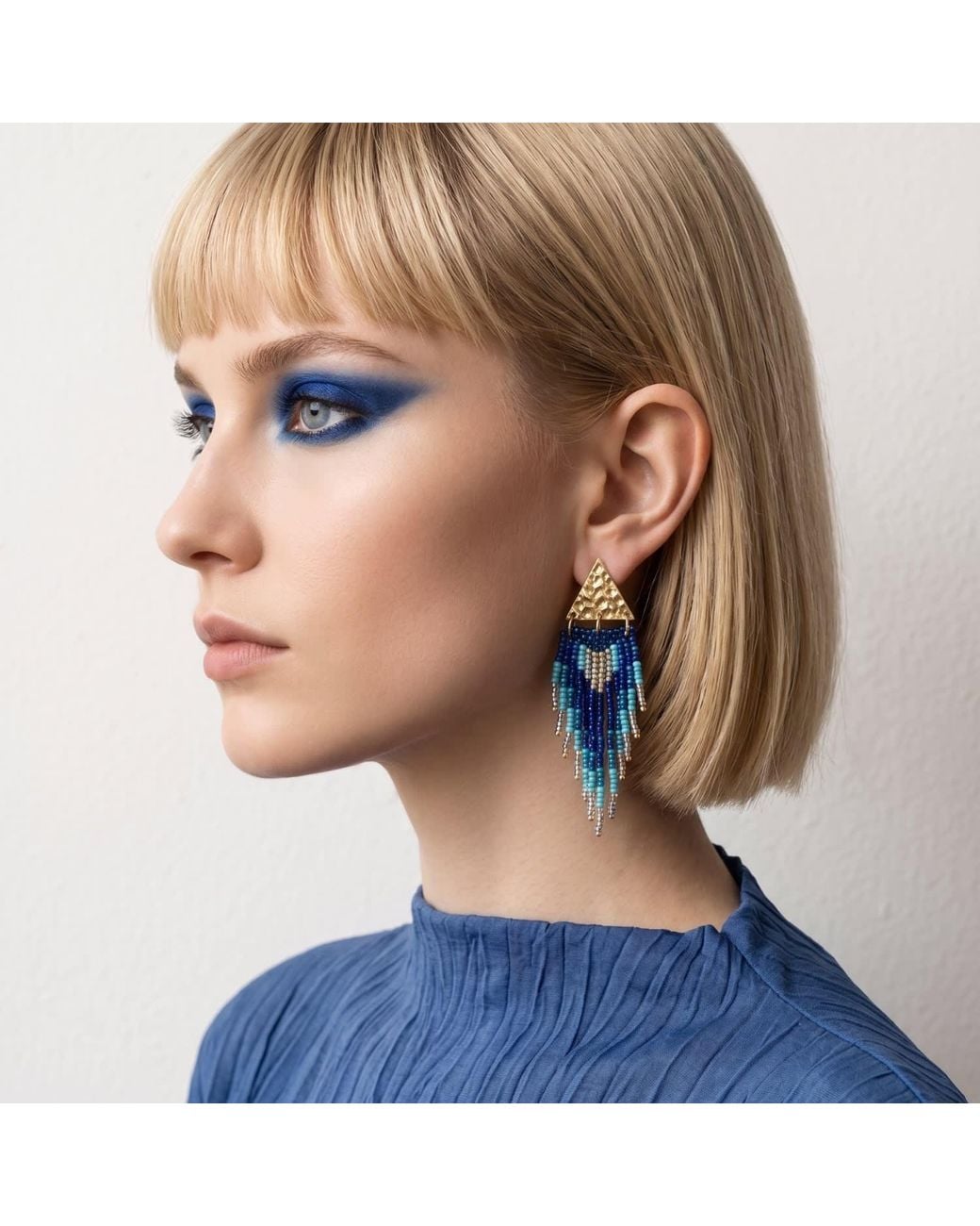 Iliana Arrazola Blue Triangle Fringe Dangle Earrings, Glass Beads, Beaded Jewelry