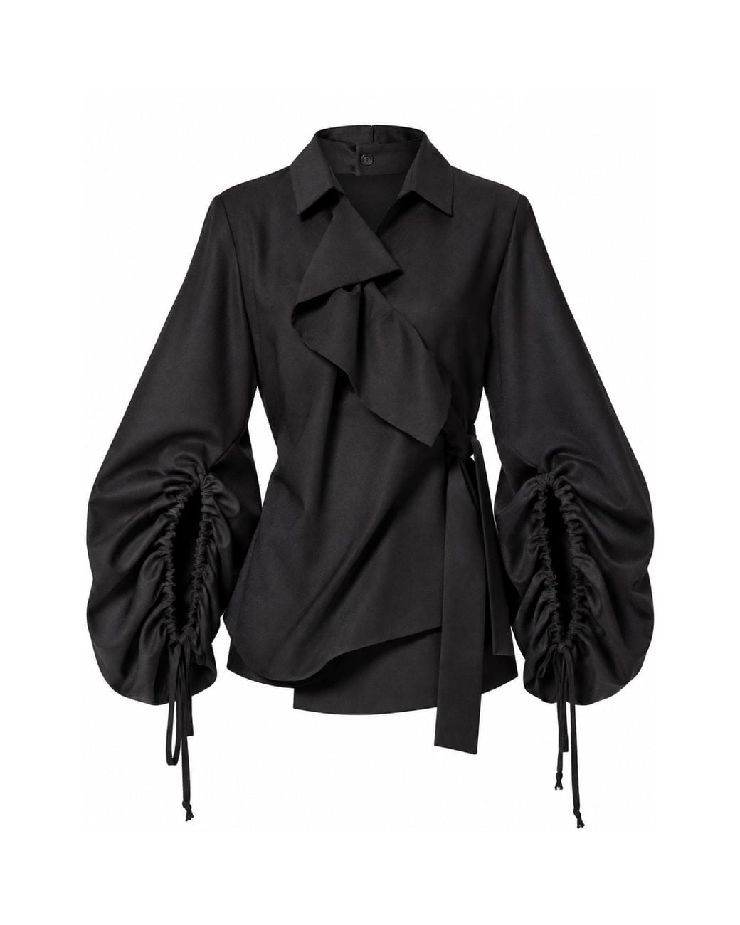 Metamorph Black Wool Wrap Blouse With Statement Sleeves