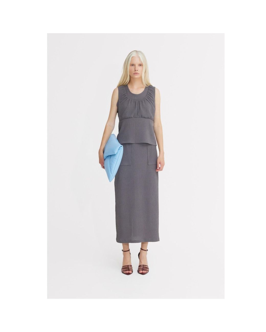 Julia Allert Gray Summer Crinkled Sleeveless Top & Long Skirt Two-Piece Set –