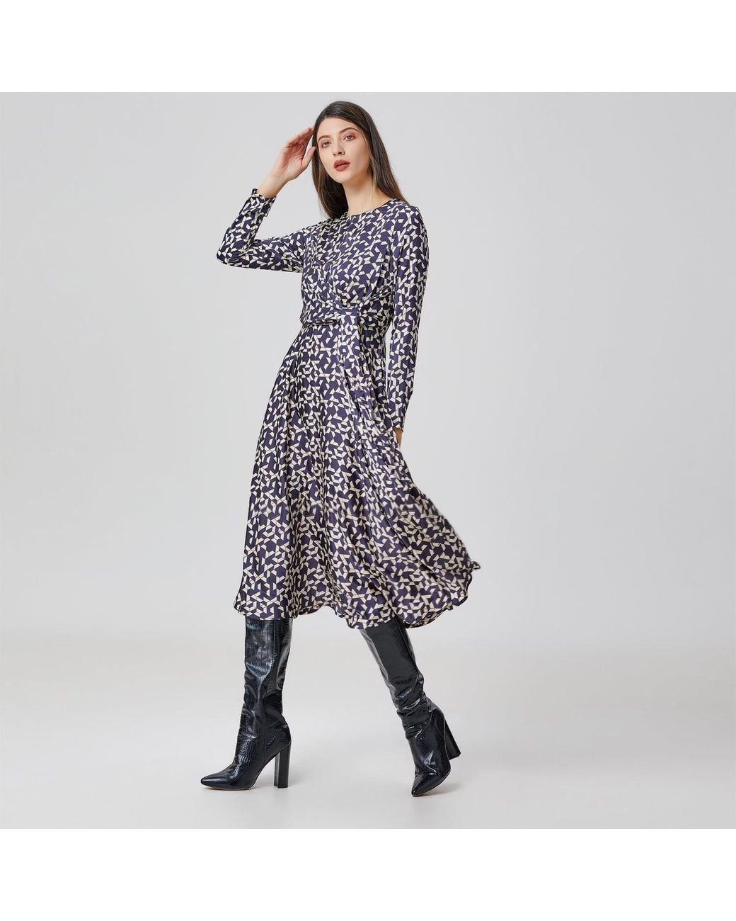 Smart and Joy Black Flared Printed Satin Dress With Side Knotted Panel