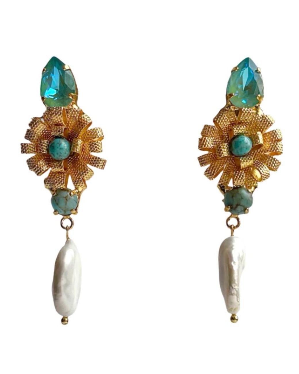 Laura Gray Blue Flower Baroque Pearl Drop Post Earrings