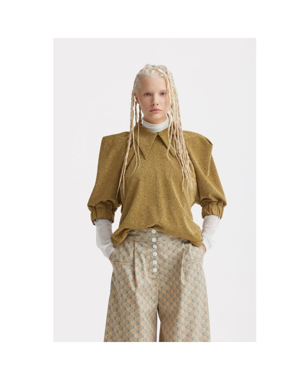 Julia Allert Green Evening Metallic Knit Puff Sleeve Blouse