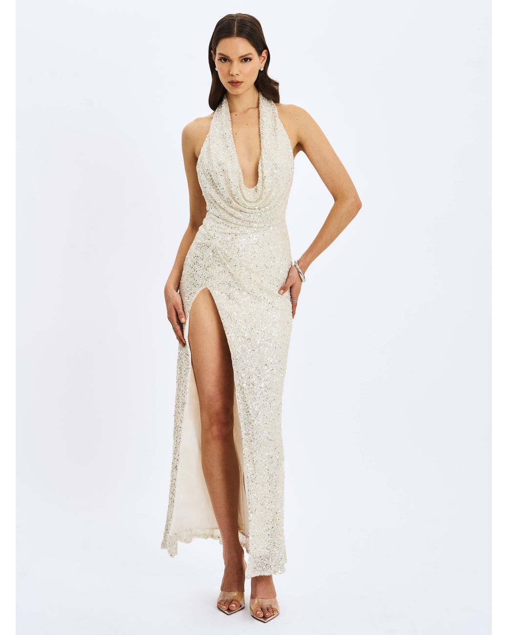 Miss Circle New York White Niamh Golden Beaded Cowl Halter Backless Maxi Dress