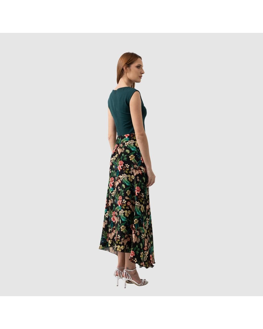 IZABELA MANDOIU Green Two-Tone Jersey Top Floral Midi Dress