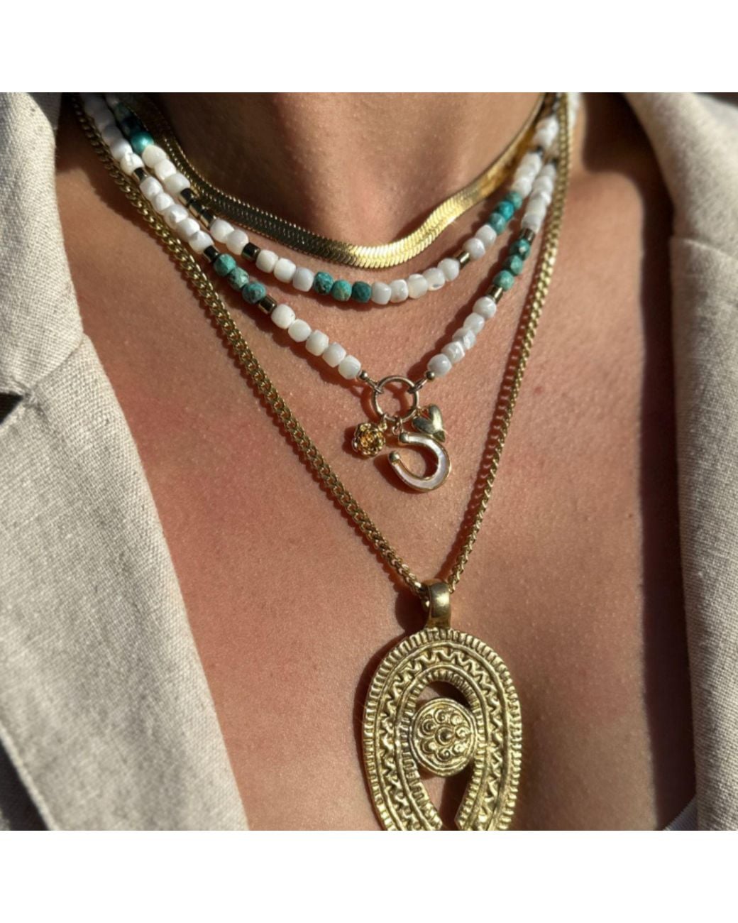 Rachel Nathan Metallic Mother Of Pearl With Western Charm Necklace