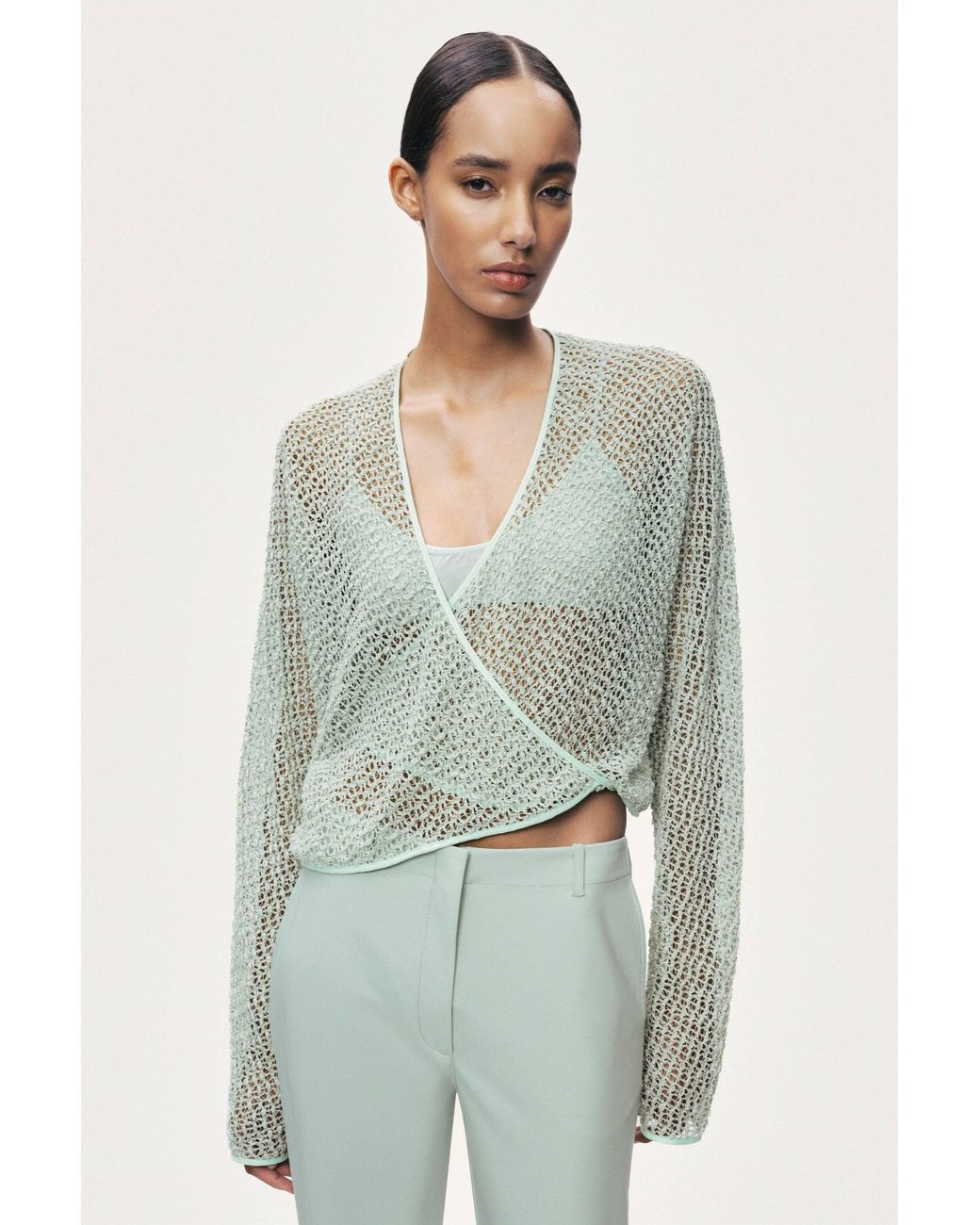 Nocturne Green Wrap Mesh Blouse