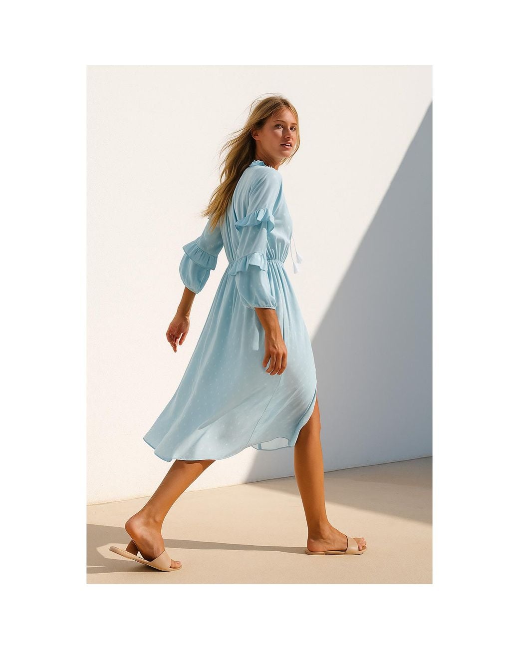 2KStyle Blue Alexa Ruffled Floral Print Viscose Midi Dress With Tassels