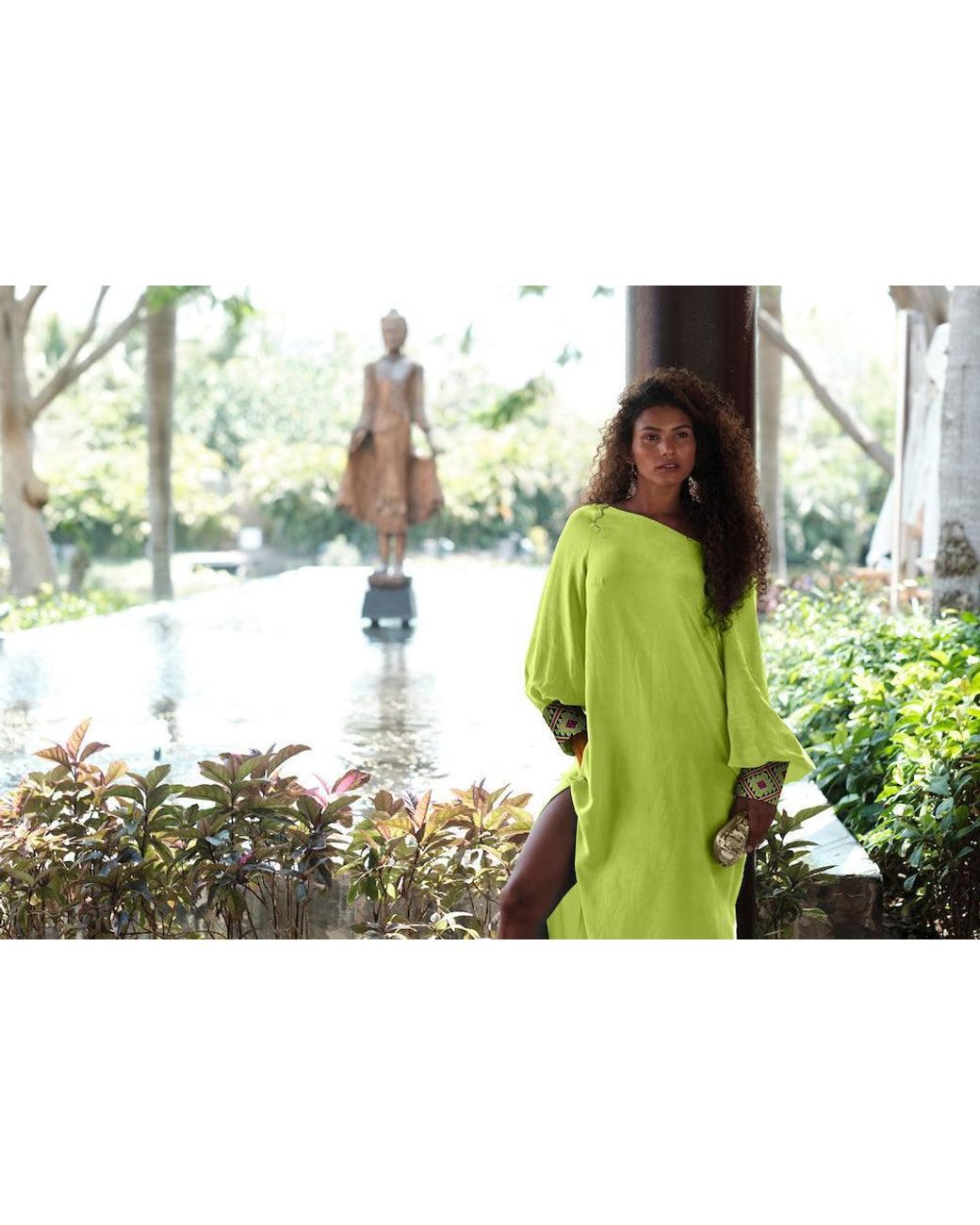 Yomisma Green Lotus Chiapas Embroidered Kaftan — Artisanal Handcrafted Resort Dress