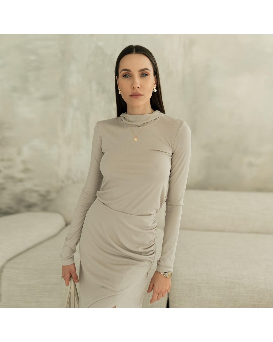 Mandragora Pink Neutrals Ribbed Viscose Hoodie Top
