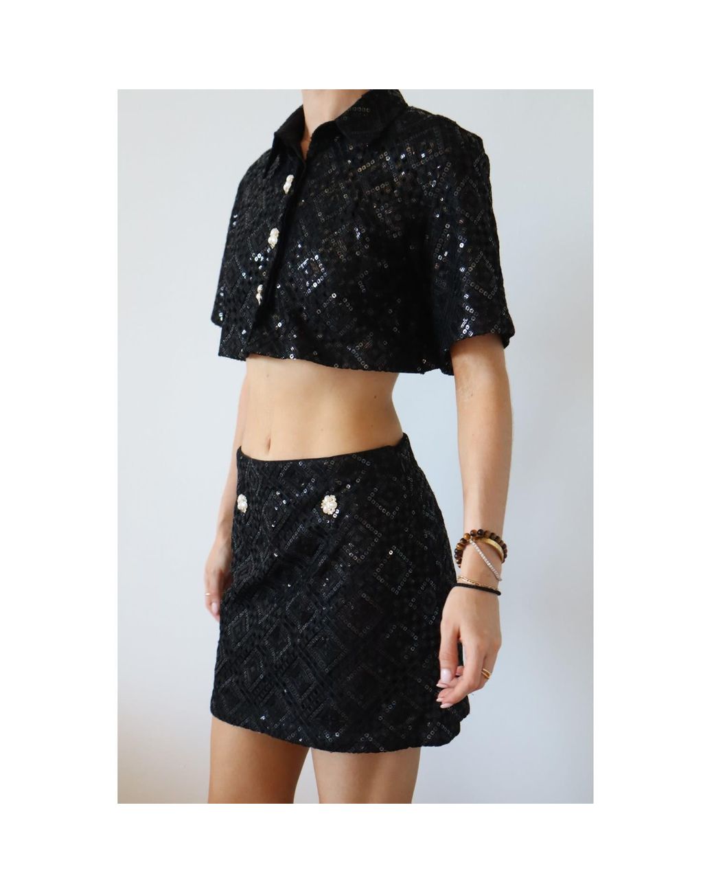 International Appeal Black Sequin Crop Shirt