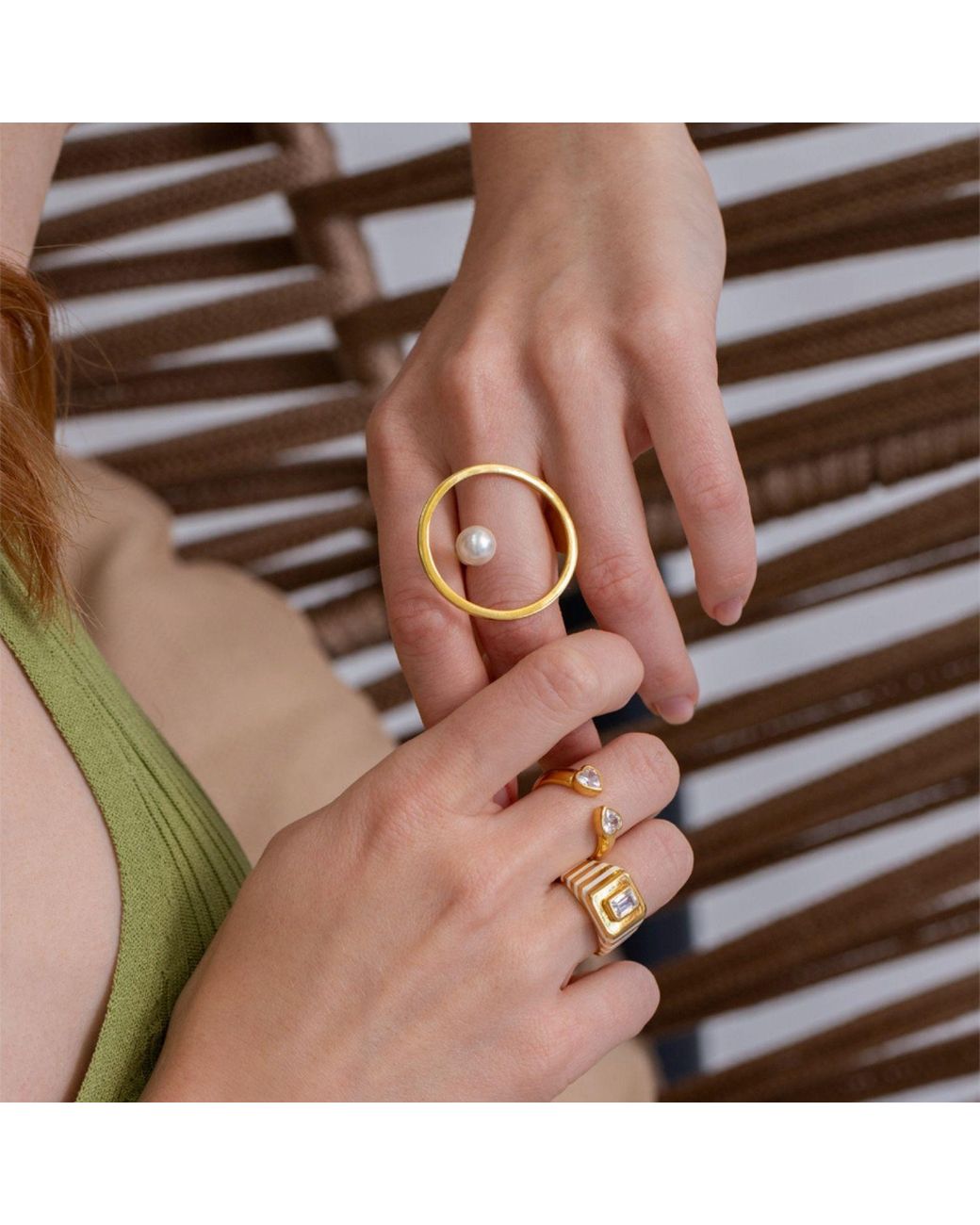 LINYA JEWELLERY Metallic Pearl Round Adjustable Big Ring