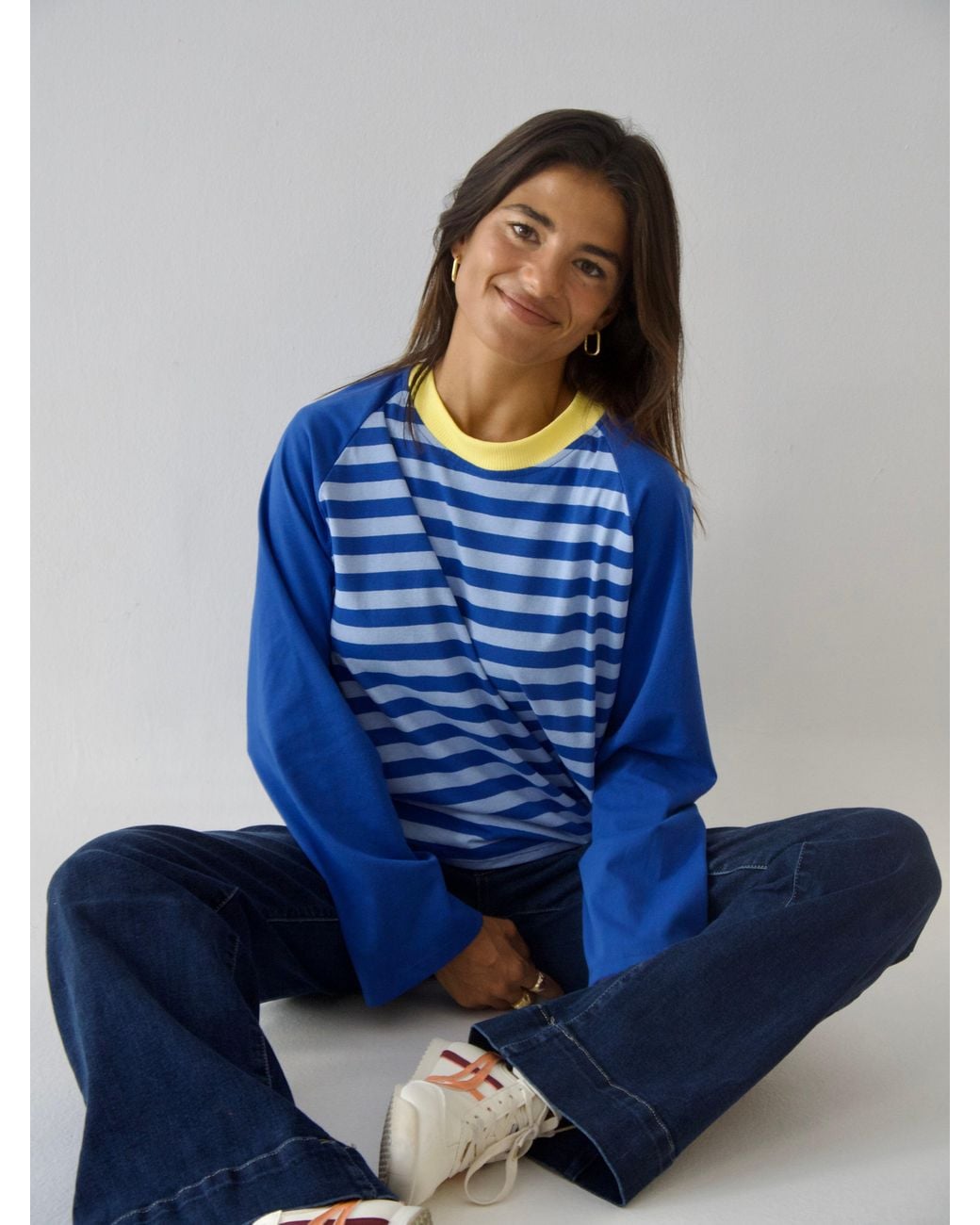 Mind Traveler Blue Striped Raglan Long Sleeve Carla Top With Contrast Neck