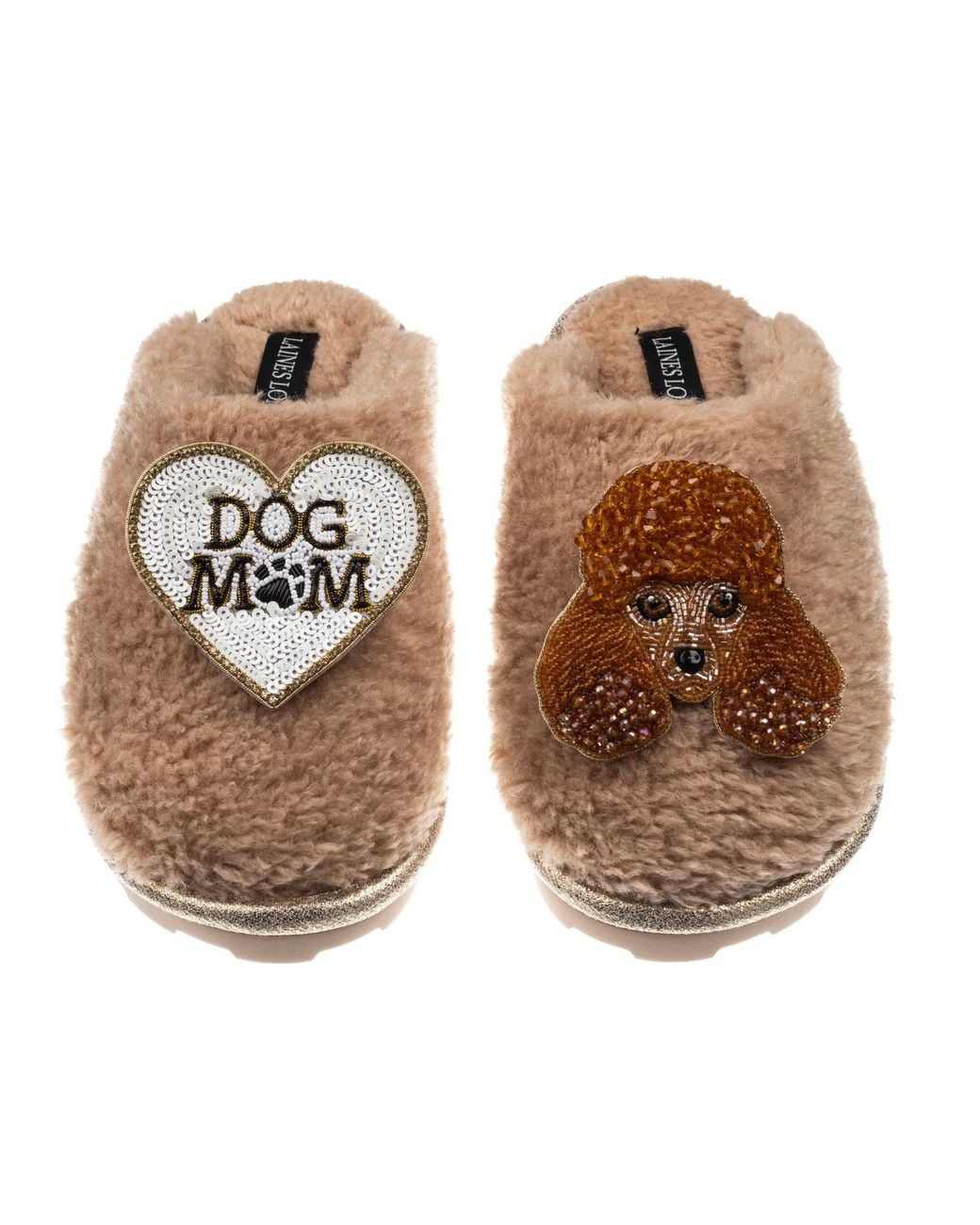 Laines London Brown Neutrals Teddy Closed Toe Slippers With Tutu The Poodle & Dog Mum Mom Brooches