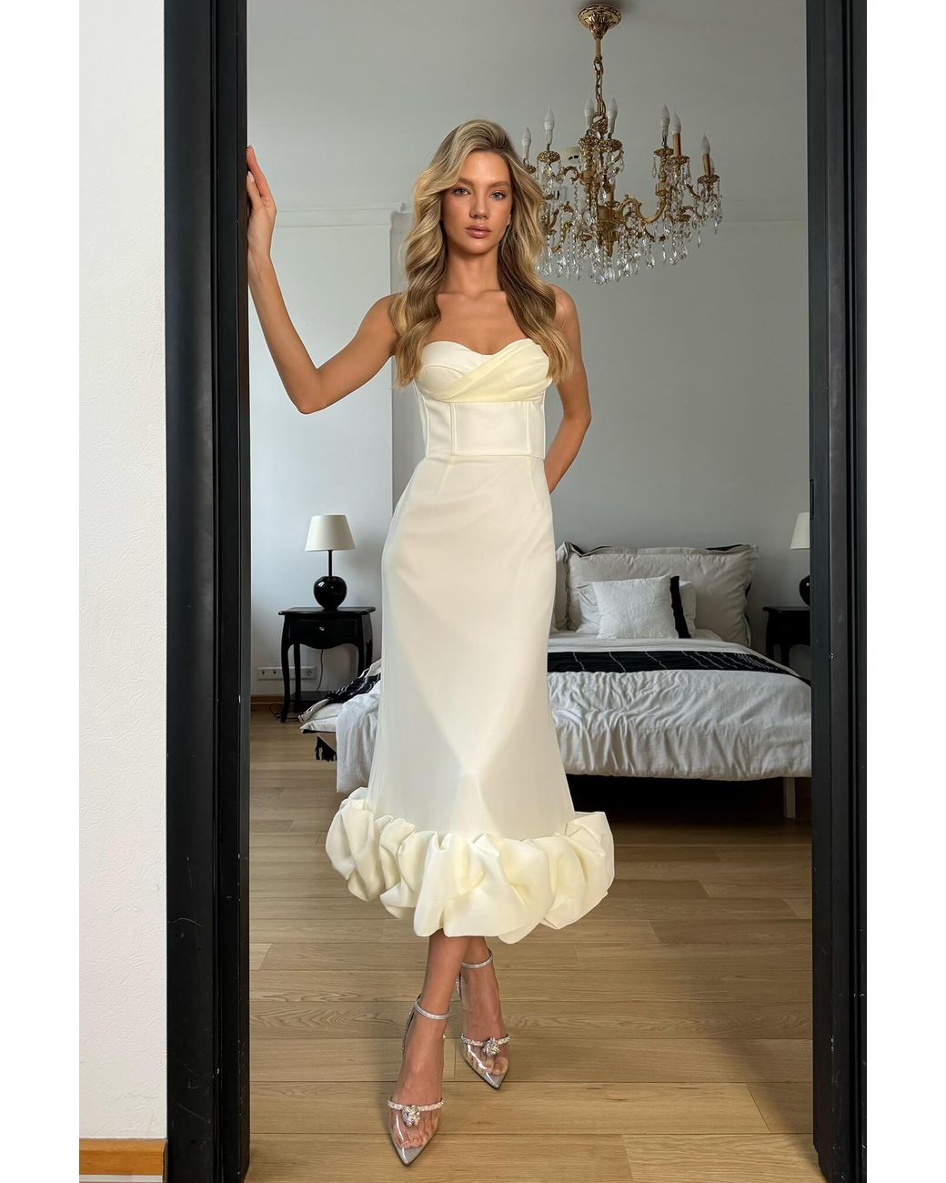 POST MERIDIEM White Ivory Draped Bodice Bottom Flounced Bustier Dress