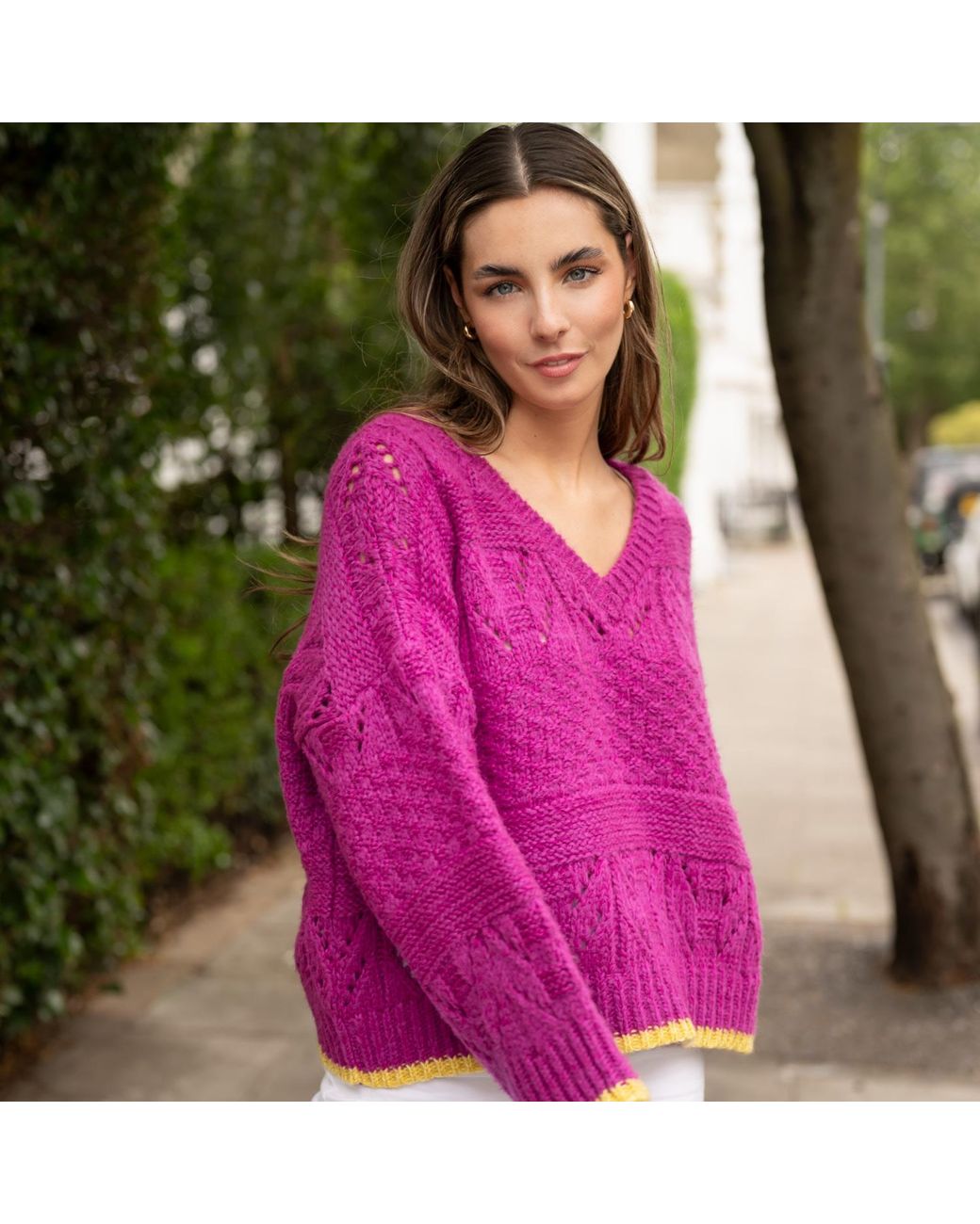 Cara & The Sky Purple Zoe Pointelle V Neck Wide Sleeve Jumper