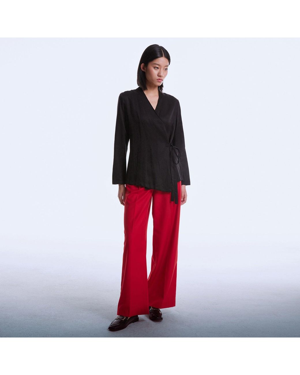 Smart and Joy Black Satin Wrap-Over Blouse