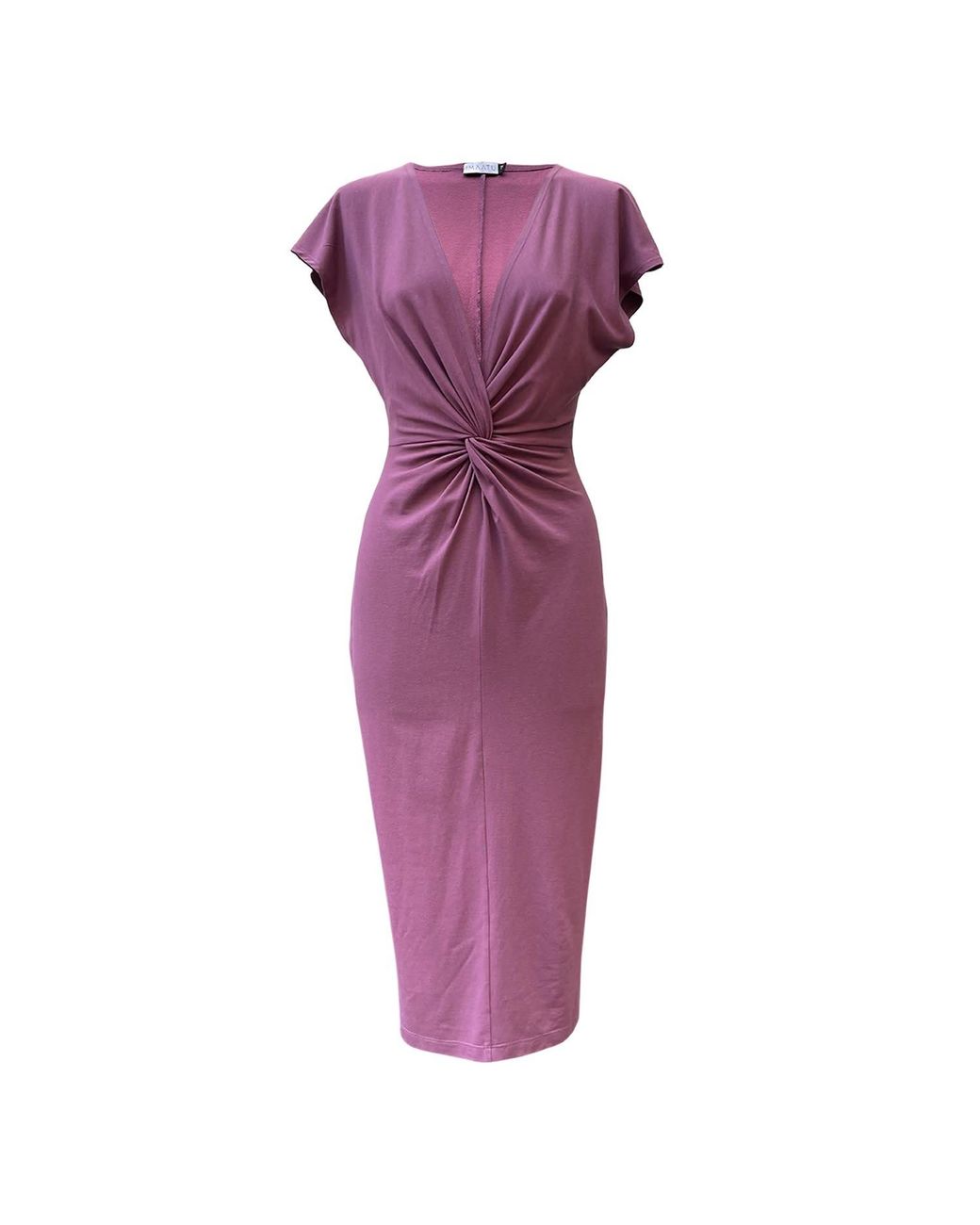 Imaatu Purple Masee Plunge Deep V-Neck Knot Bamboo Midi Dress Berry