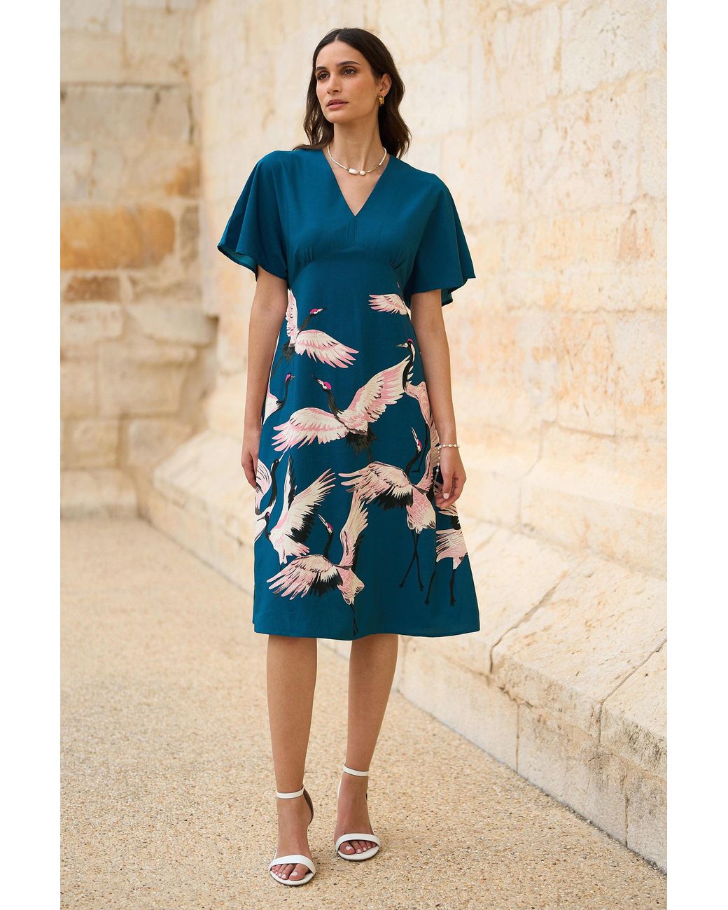Yumi' Blue Recycled Fabric Crane Print Kimono Midi Dress