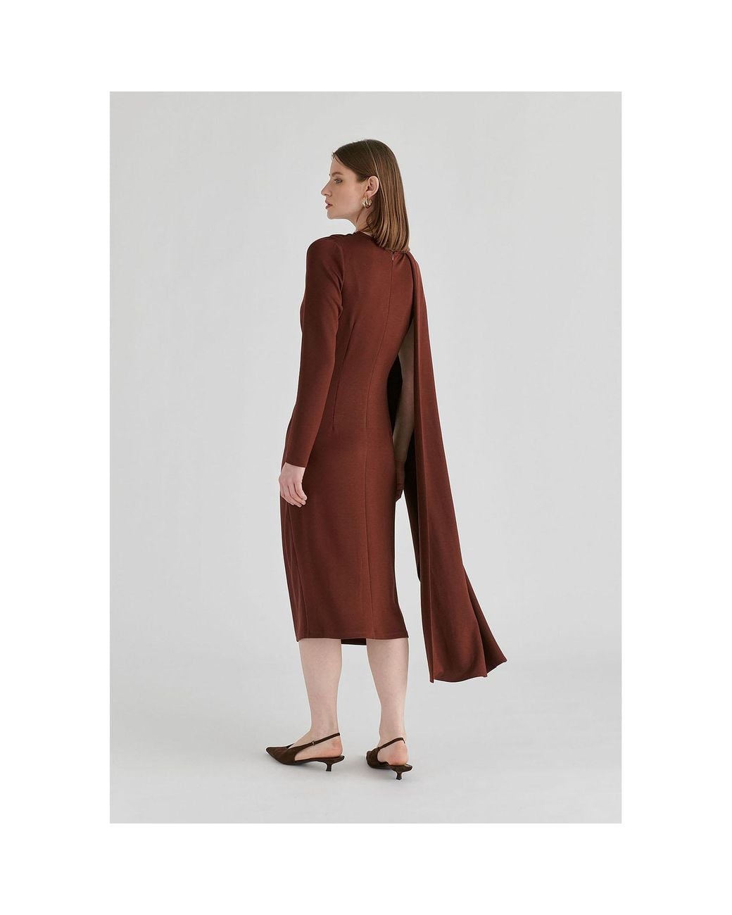 Paisie Brown Asymmetrical Cape Sleeve Lyocell Jersey Midi Dress