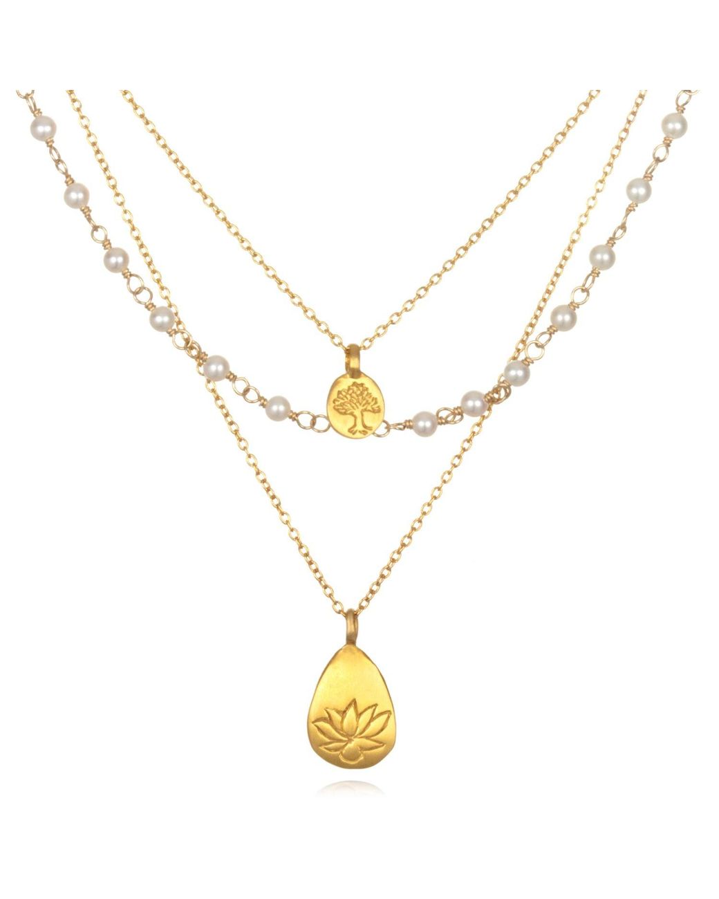 Satya Jewelry Tree Of Life & Lotus Pearl Triple Chain Necklace in White Lyst