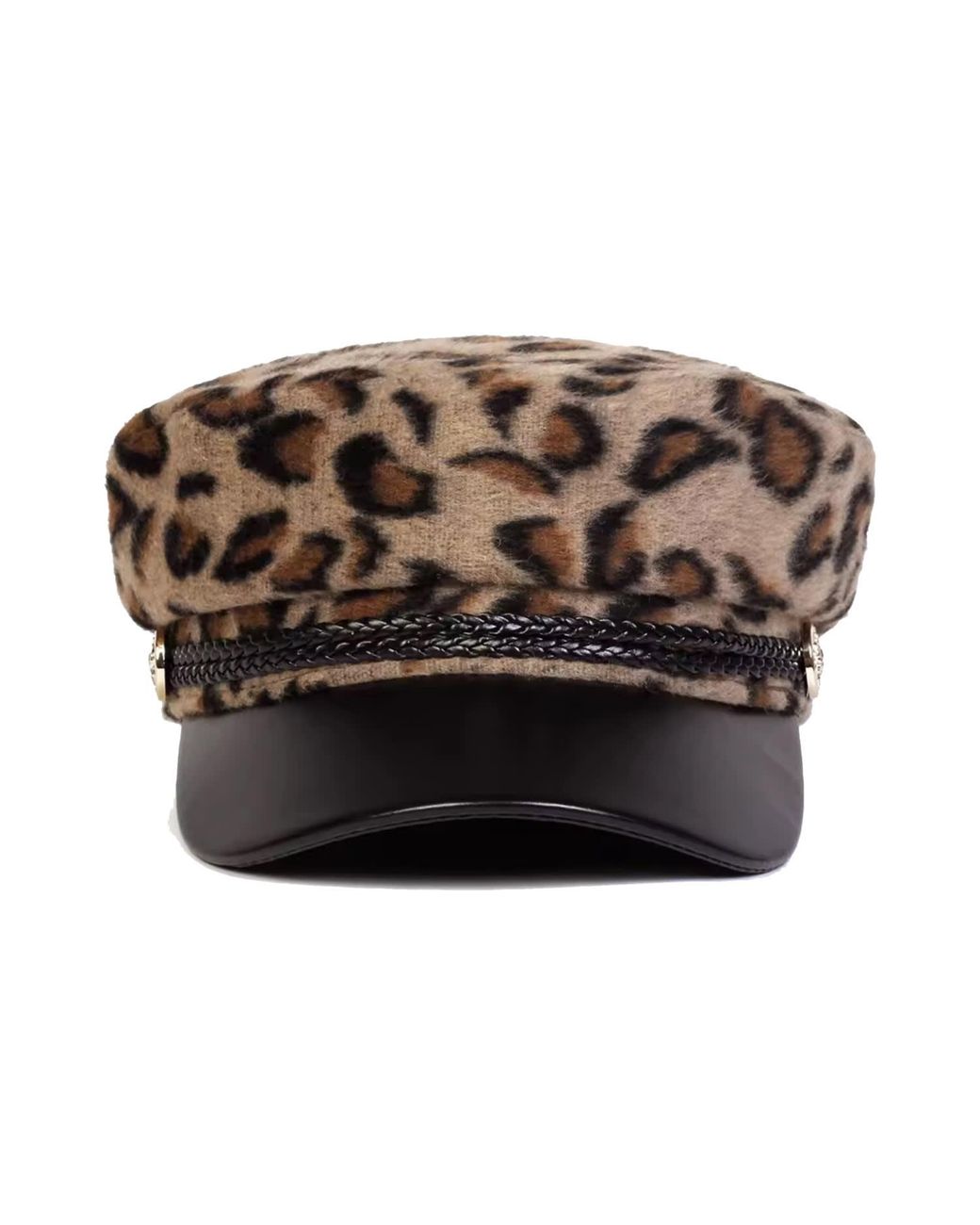 Chanel Joan Elkayam Brown Braided Trim Faux-Leather Front Leopard Print Baker Boy Hat