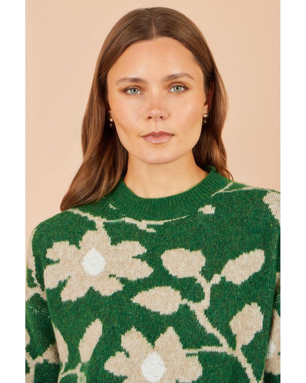 Yumi' Green Floral Intarsia Relaxed Fit Jumper