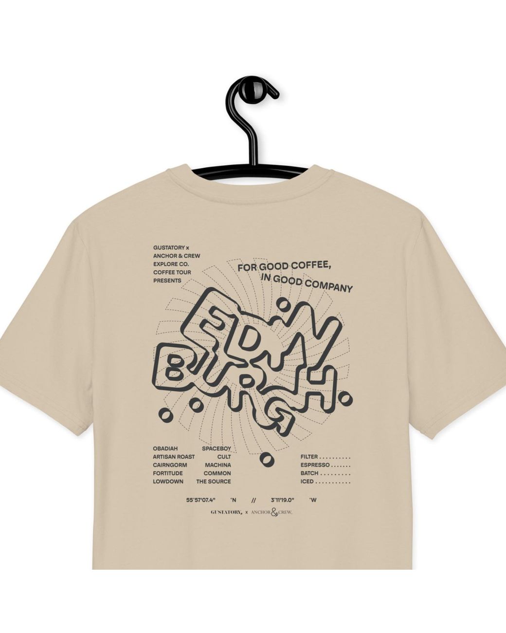 Anchor and Crew Natural Neutrals Desert Dust Gustatory Edinburgh Coffee Scene Organic Cotton Embroidered T-Shirt