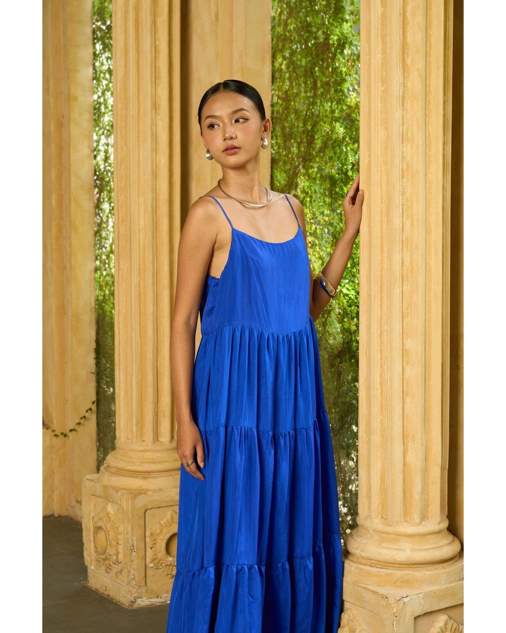 Silk and Bears Blue Valentina Royal 100% Silk Tiered Maxi Dress — Habotai Silk