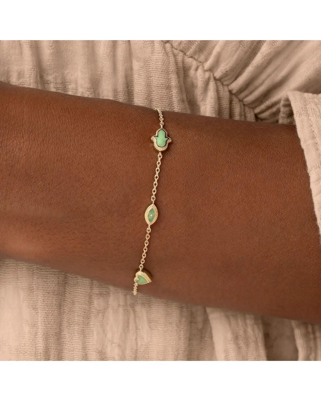Karma and Luck Metallic Celestial Bonds Jade Moon Heart & Evil Eye Bracelet