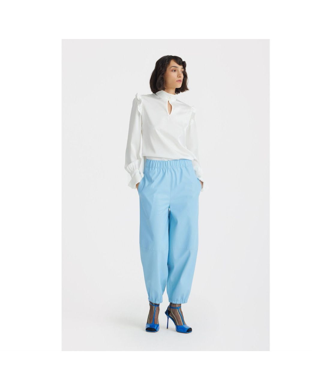 Julia Allert White Neutrals Designer Satin Blouse With Bishop Sleeves And Stand Collar –