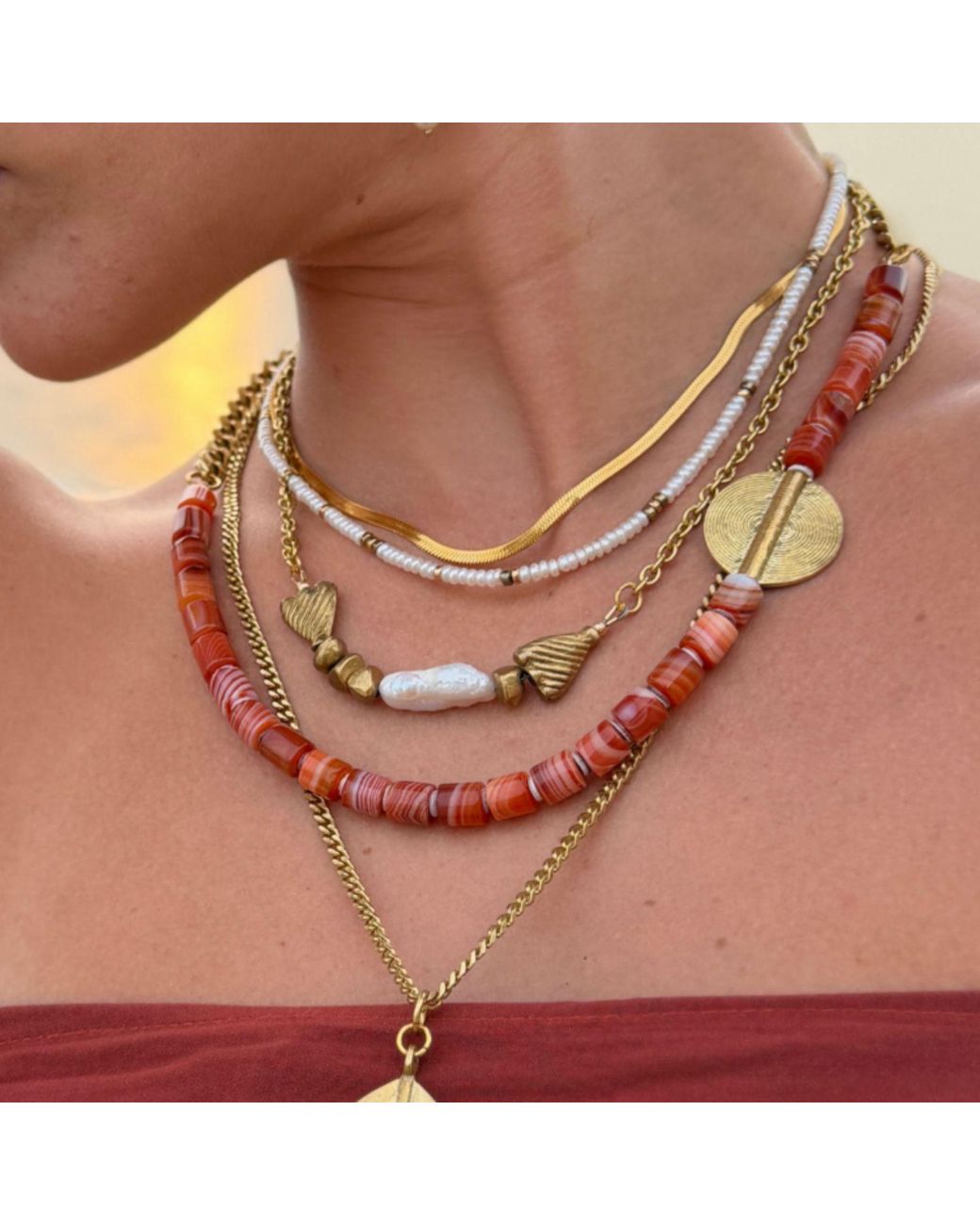 Rachel Nathan Red Banded Agate & Brass Medallion Necklace