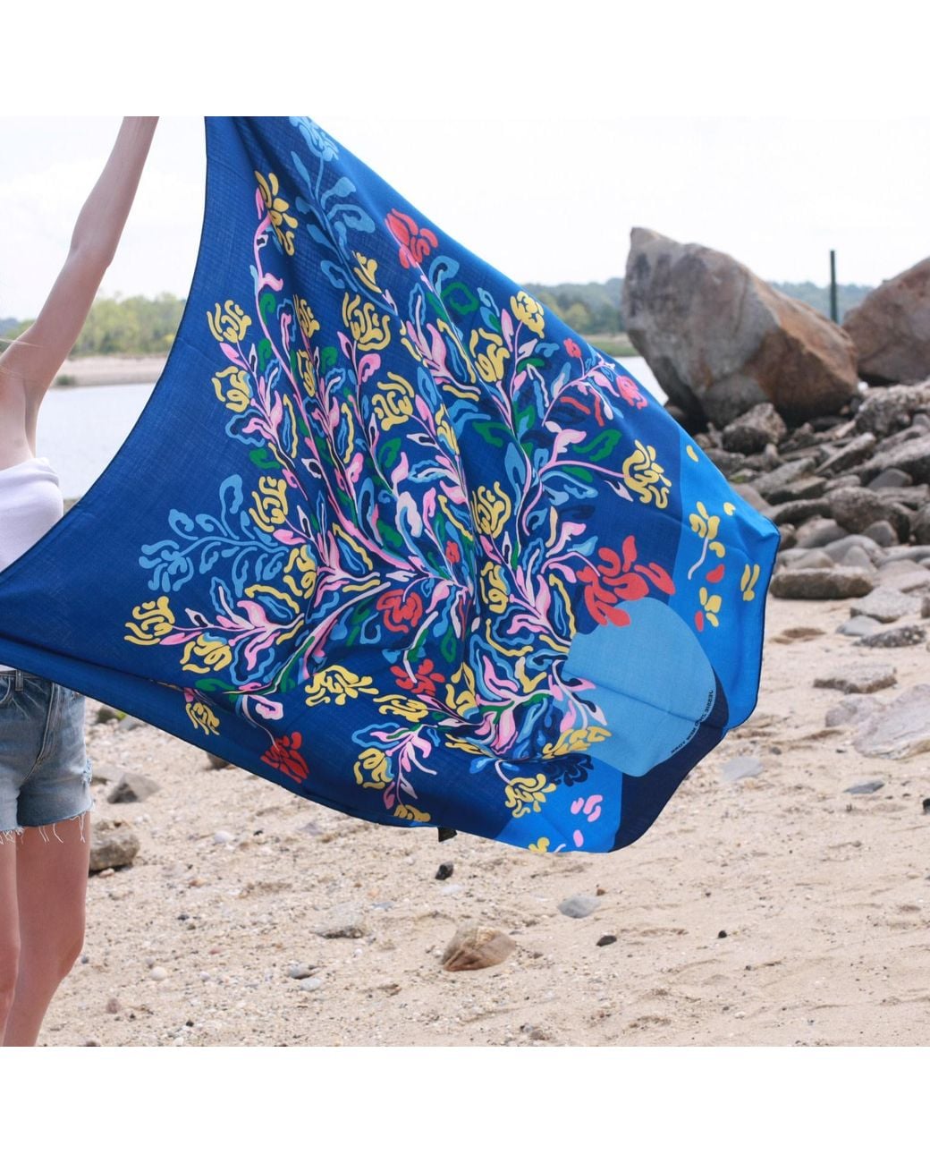 Jessie Zhao New York Blue Double Sided Wool Silk Shawl Of Night Flowers