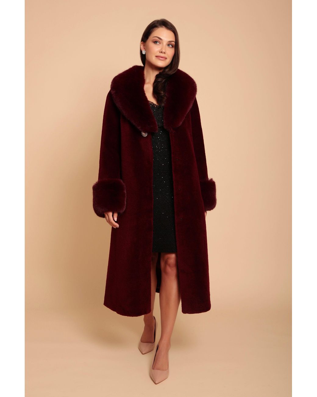 Santinni Red Sunset Boulevard Long Wool Coat With Faux Fur Collar