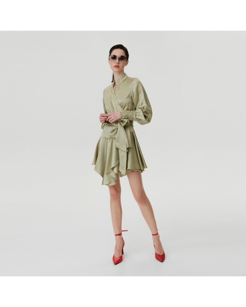 Lita Couture Natural Ruffle Hem Silk Wrap Dress
